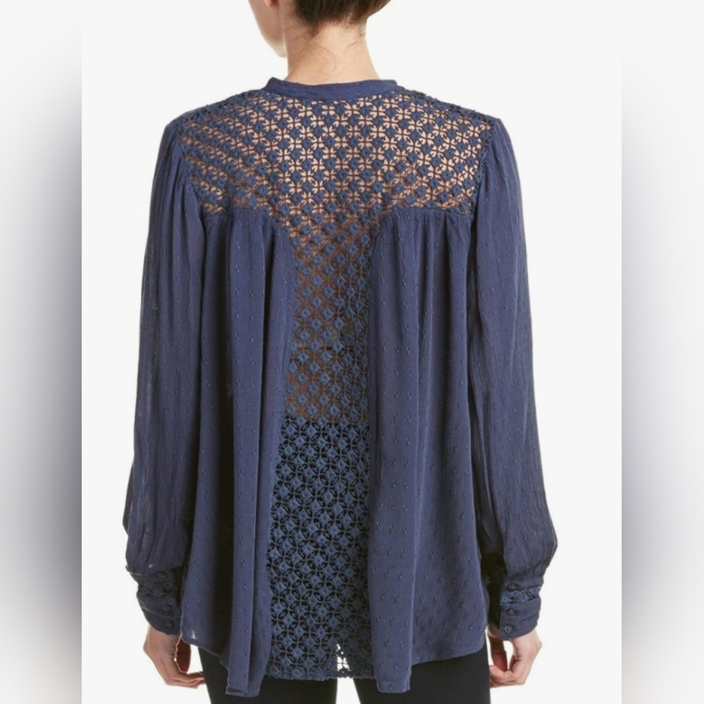 Free People Blue Oversized Button Down With Crochet Detail Down Back And Sleeves